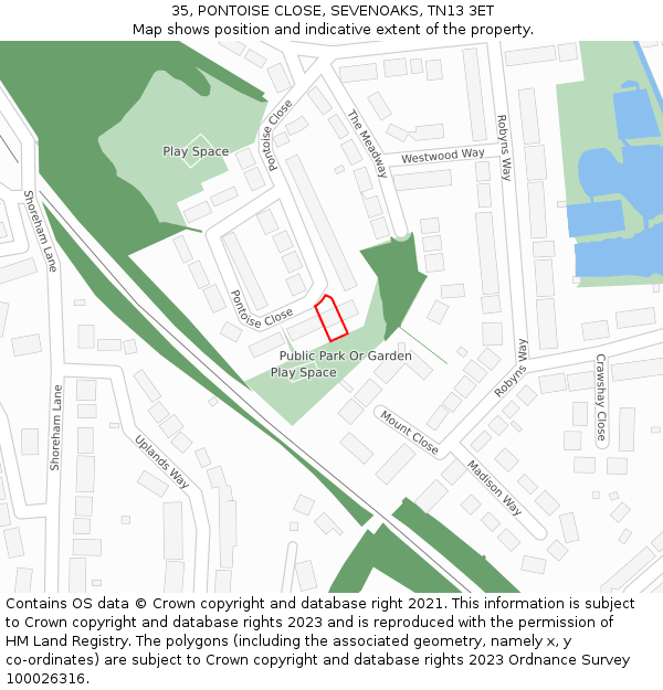 35, PONTOISE CLOSE, SEVENOAKS, TN13 3ET: Location map and indicative extent of plot