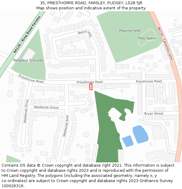 35, PRIESTHORPE ROAD, FARSLEY, PUDSEY, LS28 5JR: Location map and indicative extent of plot