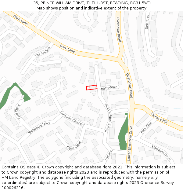 35, PRINCE WILLIAM DRIVE, TILEHURST, READING, RG31 5WD: Location map and indicative extent of plot