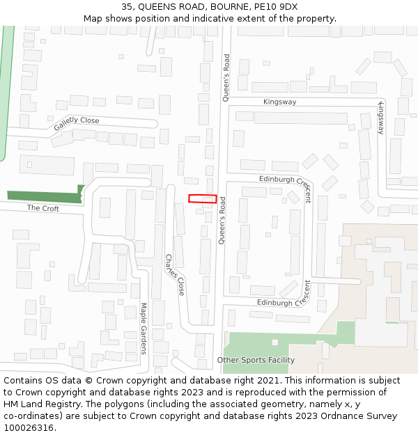 35, QUEENS ROAD, BOURNE, PE10 9DX: Location map and indicative extent of plot