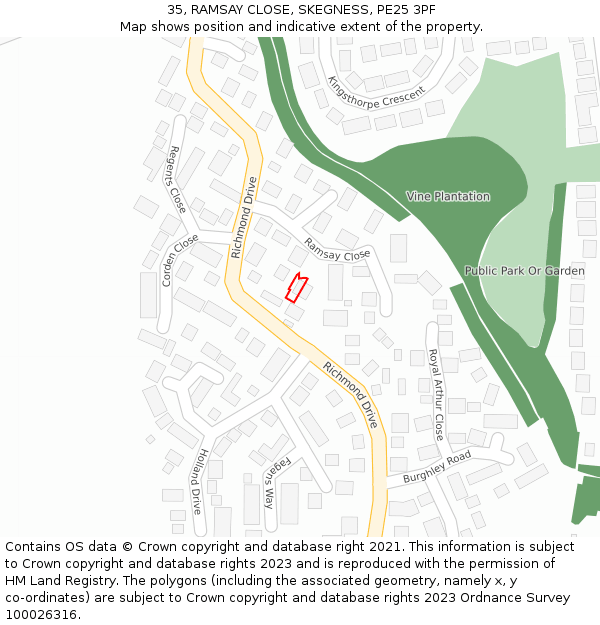 35, RAMSAY CLOSE, SKEGNESS, PE25 3PF: Location map and indicative extent of plot