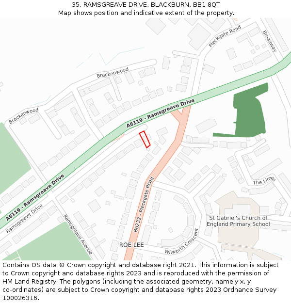 35, RAMSGREAVE DRIVE, BLACKBURN, BB1 8QT: Location map and indicative extent of plot