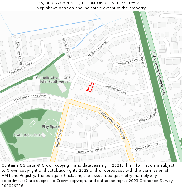 35, REDCAR AVENUE, THORNTON-CLEVELEYS, FY5 2LG: Location map and indicative extent of plot