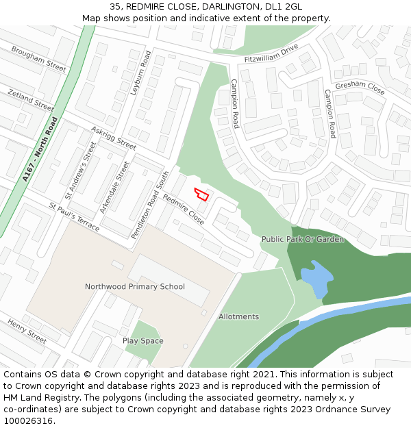 35, REDMIRE CLOSE, DARLINGTON, DL1 2GL: Location map and indicative extent of plot
