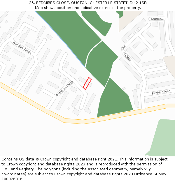 35, REDMIRES CLOSE, OUSTON, CHESTER LE STREET, DH2 1SB: Location map and indicative extent of plot