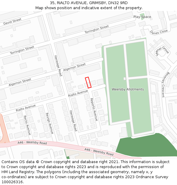 35, RIALTO AVENUE, GRIMSBY, DN32 9RD: Location map and indicative extent of plot