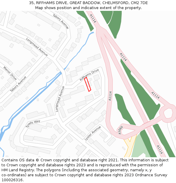 35, RIFFHAMS DRIVE, GREAT BADDOW, CHELMSFORD, CM2 7DE: Location map and indicative extent of plot