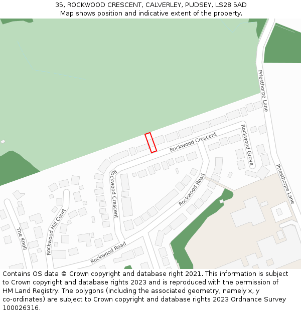35, ROCKWOOD CRESCENT, CALVERLEY, PUDSEY, LS28 5AD: Location map and indicative extent of plot