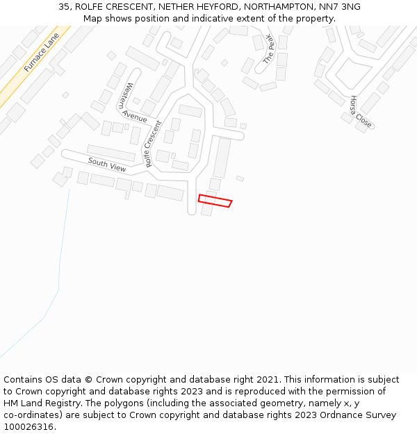 35, ROLFE CRESCENT, NETHER HEYFORD, NORTHAMPTON, NN7 3NG: Location map and indicative extent of plot