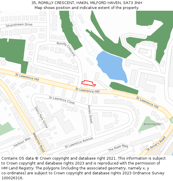 35, ROMILLY CRESCENT, HAKIN, MILFORD HAVEN, SA73 3NH: Location map and indicative extent of plot