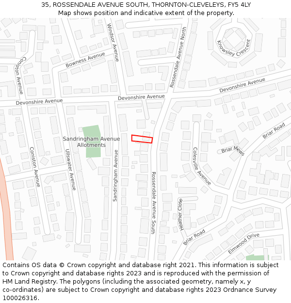 35, ROSSENDALE AVENUE SOUTH, THORNTON-CLEVELEYS, FY5 4LY: Location map and indicative extent of plot