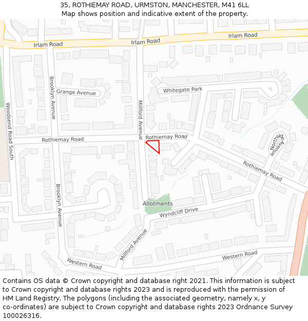 35, ROTHIEMAY ROAD, URMSTON, MANCHESTER, M41 6LL: Location map and indicative extent of plot