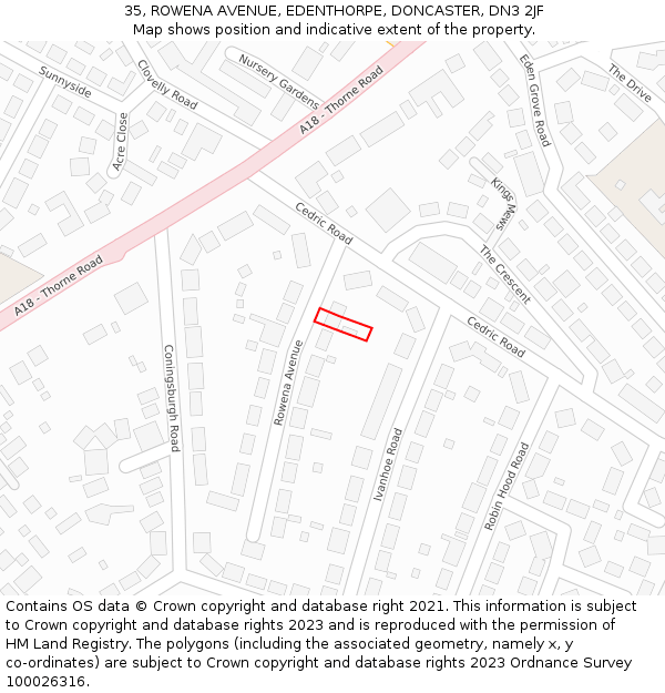 35, ROWENA AVENUE, EDENTHORPE, DONCASTER, DN3 2JF: Location map and indicative extent of plot