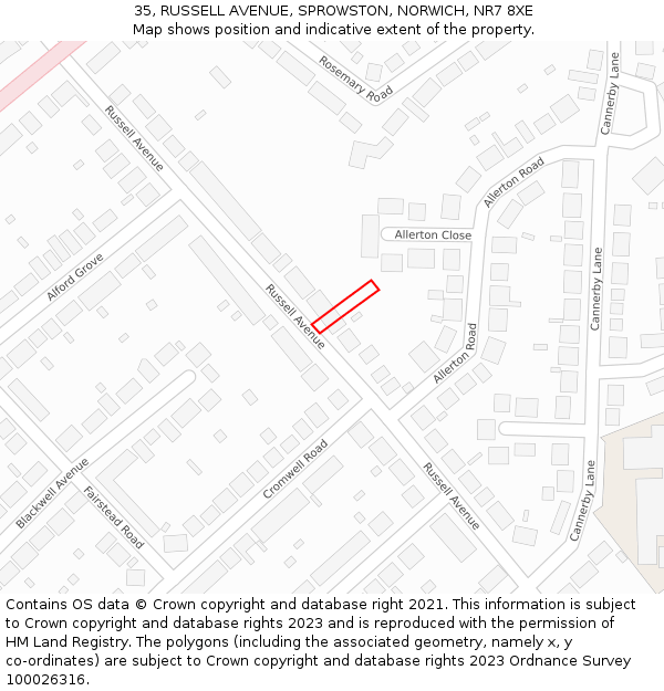 35, RUSSELL AVENUE, SPROWSTON, NORWICH, NR7 8XE: Location map and indicative extent of plot