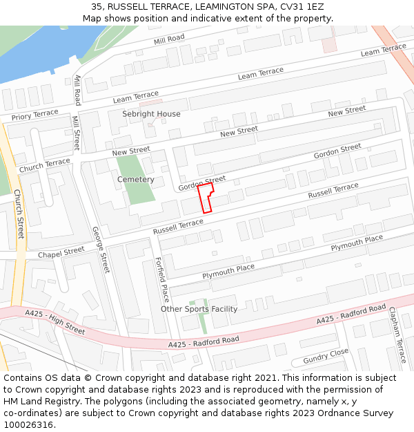 35, RUSSELL TERRACE, LEAMINGTON SPA, CV31 1EZ: Location map and indicative extent of plot