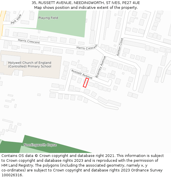 35, RUSSETT AVENUE, NEEDINGWORTH, ST IVES, PE27 4UE: Location map and indicative extent of plot