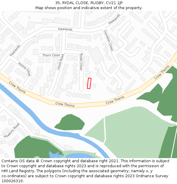 35, RYDAL CLOSE, RUGBY, CV21 1JP: Location map and indicative extent of plot