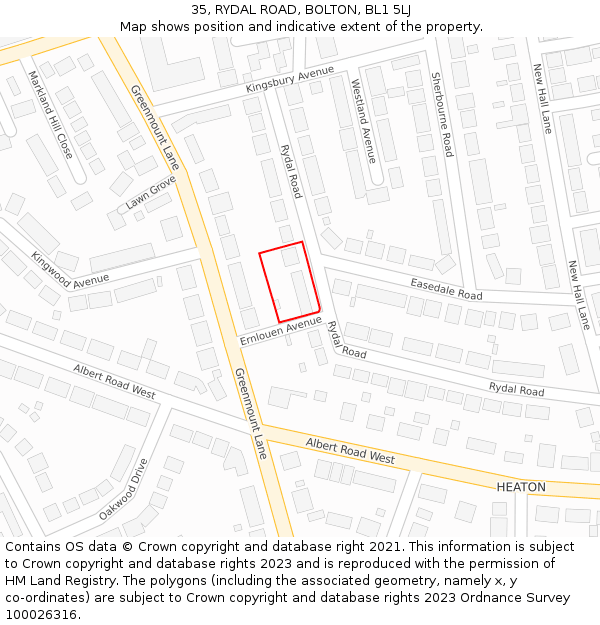 35, RYDAL ROAD, BOLTON, BL1 5LJ: Location map and indicative extent of plot