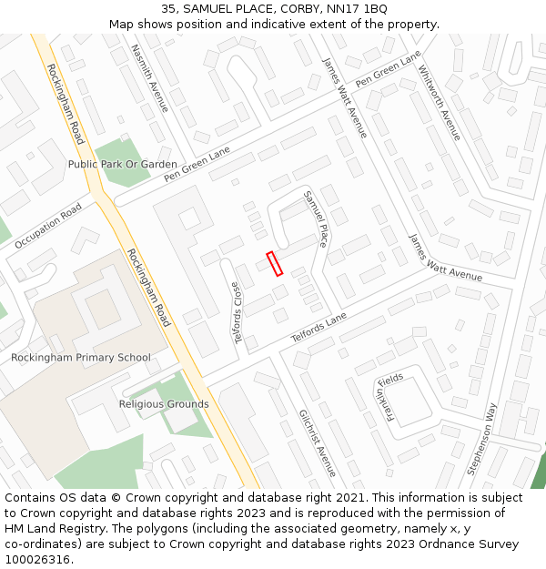 35, SAMUEL PLACE, CORBY, NN17 1BQ: Location map and indicative extent of plot