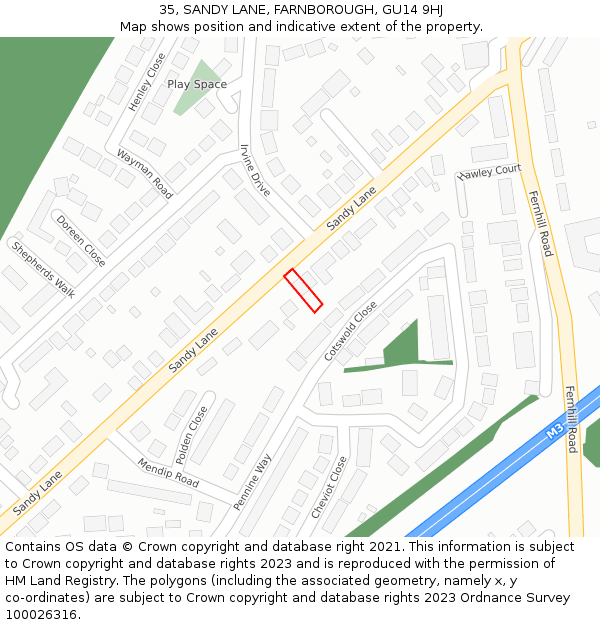 35, SANDY LANE, FARNBOROUGH, GU14 9HJ: Location map and indicative extent of plot