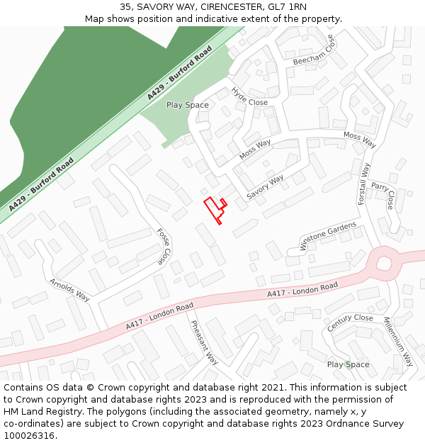 35, SAVORY WAY, CIRENCESTER, GL7 1RN: Location map and indicative extent of plot