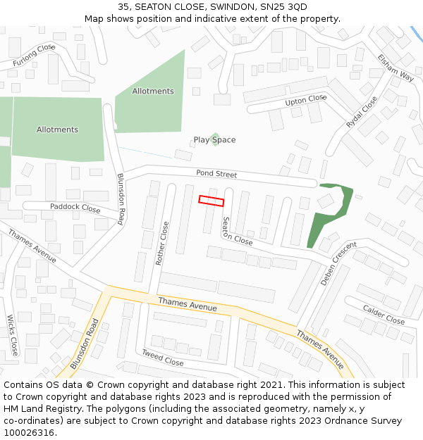 35, SEATON CLOSE, SWINDON, SN25 3QD: Location map and indicative extent of plot