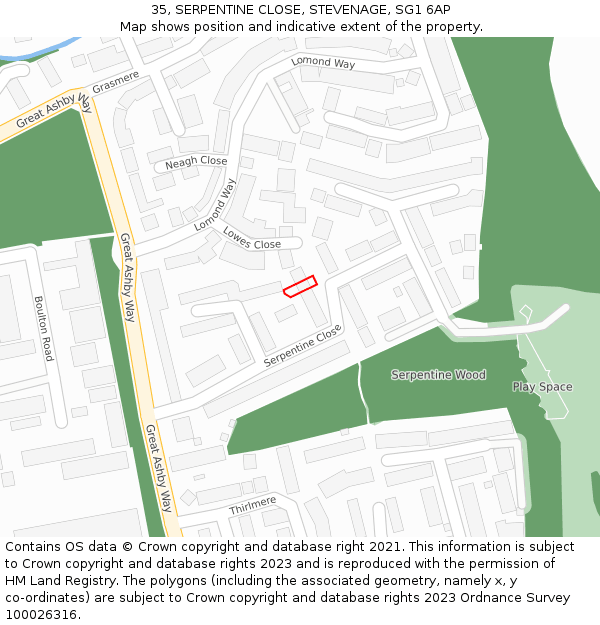 35, SERPENTINE CLOSE, STEVENAGE, SG1 6AP: Location map and indicative extent of plot
