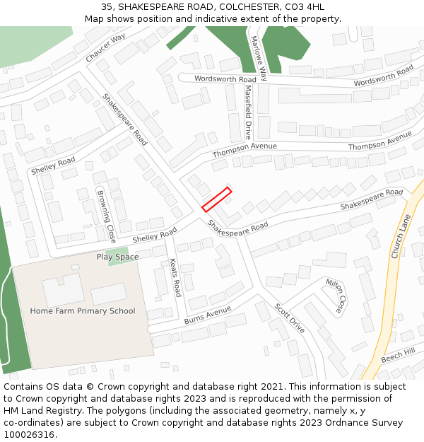 35, SHAKESPEARE ROAD, COLCHESTER, CO3 4HL: Location map and indicative extent of plot