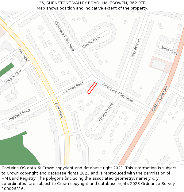 35, SHENSTONE VALLEY ROAD, HALESOWEN, B62 9TB: Location map and indicative extent of plot