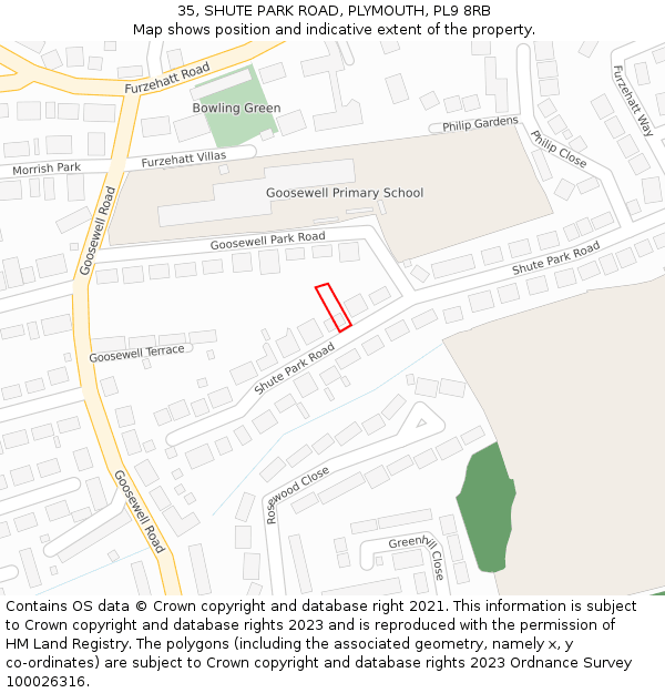 35, SHUTE PARK ROAD, PLYMOUTH, PL9 8RB: Location map and indicative extent of plot