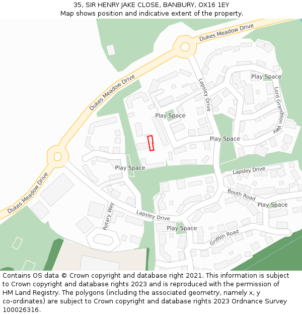 35, SIR HENRY JAKE CLOSE, BANBURY, OX16 1EY: Location map and indicative extent of plot