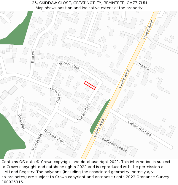 35, SKIDDAW CLOSE, GREAT NOTLEY, BRAINTREE, CM77 7UN: Location map and indicative extent of plot