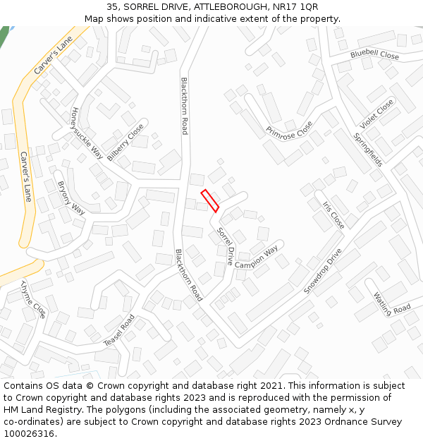 35, SORREL DRIVE, ATTLEBOROUGH, NR17 1QR: Location map and indicative extent of plot