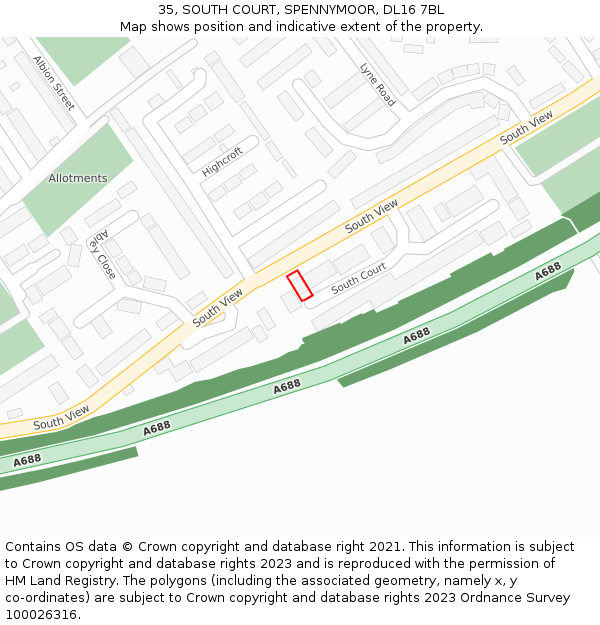 35, SOUTH COURT, SPENNYMOOR, DL16 7BL: Location map and indicative extent of plot