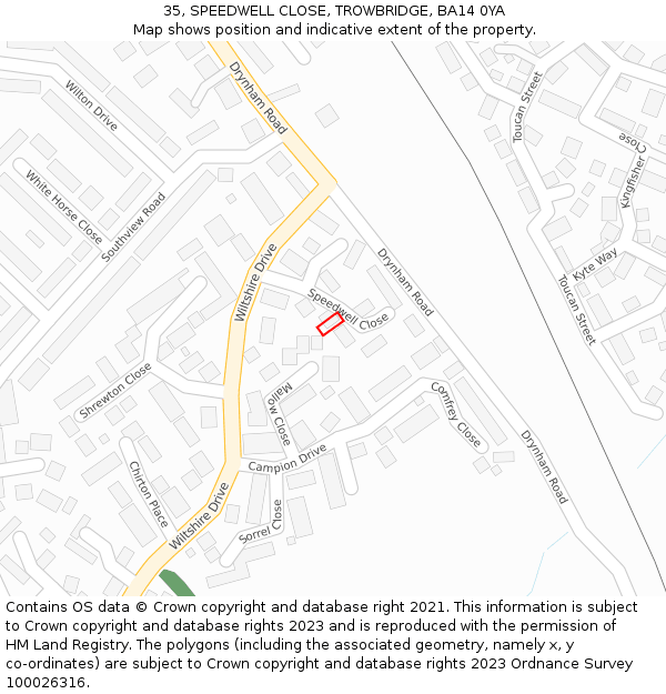 35, SPEEDWELL CLOSE, TROWBRIDGE, BA14 0YA: Location map and indicative extent of plot