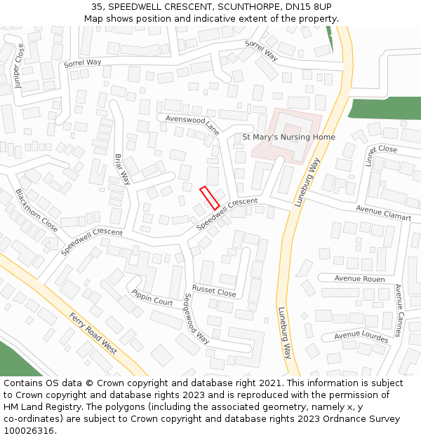 35, SPEEDWELL CRESCENT, SCUNTHORPE, DN15 8UP: Location map and indicative extent of plot