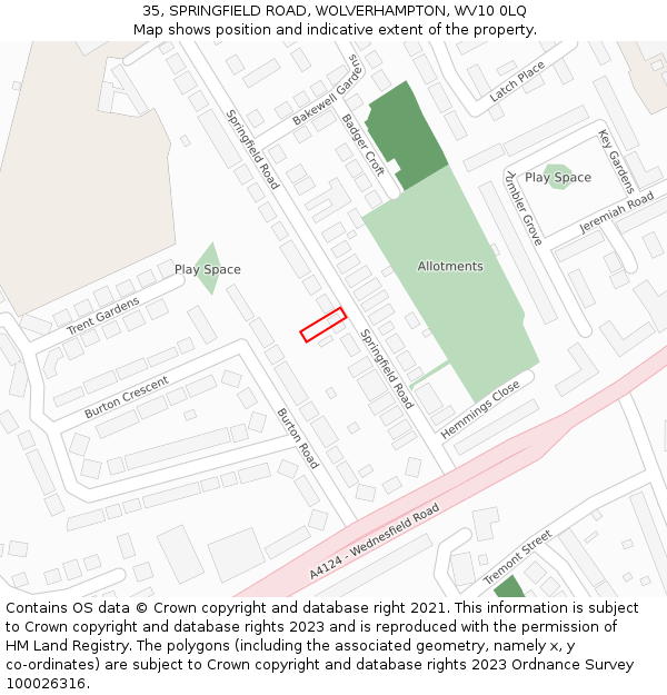 35, SPRINGFIELD ROAD, WOLVERHAMPTON, WV10 0LQ: Location map and indicative extent of plot