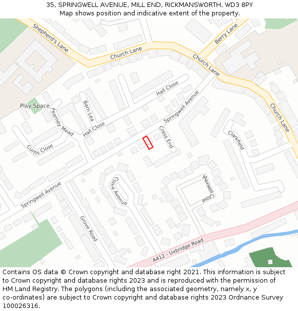35, SPRINGWELL AVENUE, MILL END, RICKMANSWORTH, WD3 8PY: Location map and indicative extent of plot