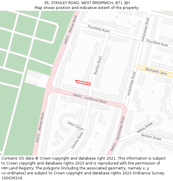35, STANLEY ROAD, WEST BROMWICH, B71 3JH: Location map and indicative extent of plot