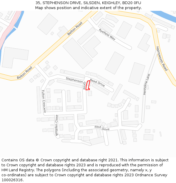 35, STEPHENSON DRIVE, SILSDEN, KEIGHLEY, BD20 0FU: Location map and indicative extent of plot