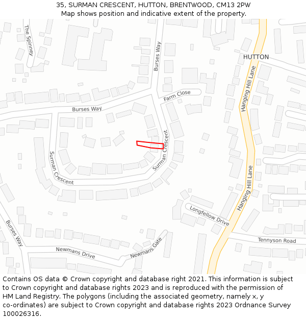 35, SURMAN CRESCENT, HUTTON, BRENTWOOD, CM13 2PW: Location map and indicative extent of plot