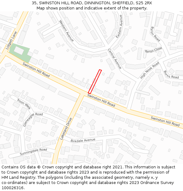 35, SWINSTON HILL ROAD, DINNINGTON, SHEFFIELD, S25 2RX: Location map and indicative extent of plot