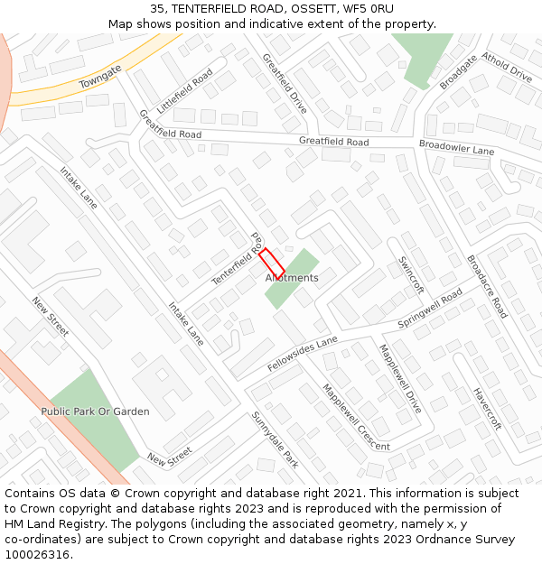 35, TENTERFIELD ROAD, OSSETT, WF5 0RU: Location map and indicative extent of plot