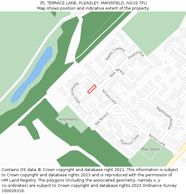 35, TERRACE LANE, PLEASLEY, MANSFIELD, NG19 7PU: Location map and indicative extent of plot