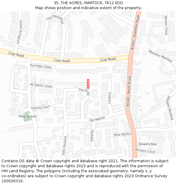 35, THE ACRES, MARTOCK, TA12 6DD: Location map and indicative extent of plot