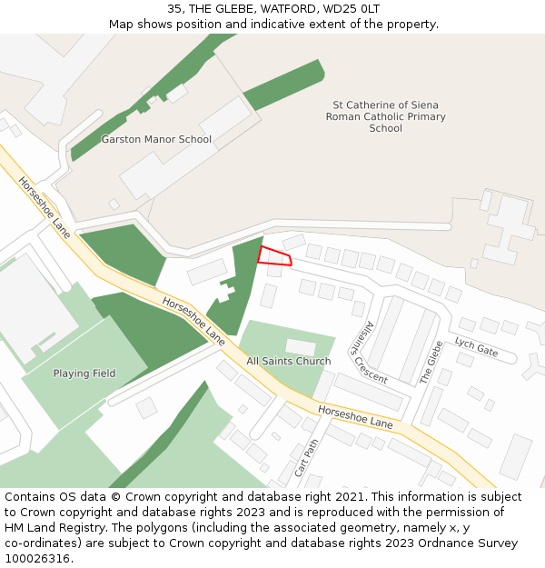 35, THE GLEBE, WATFORD, WD25 0LT: Location map and indicative extent of plot
