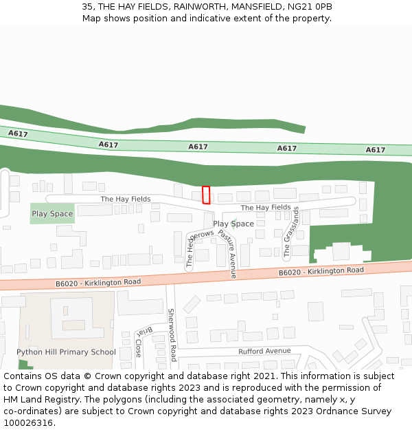 35, THE HAY FIELDS, RAINWORTH, MANSFIELD, NG21 0PB: Location map and indicative extent of plot
