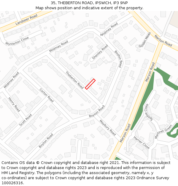 35, THEBERTON ROAD, IPSWICH, IP3 9NP: Location map and indicative extent of plot