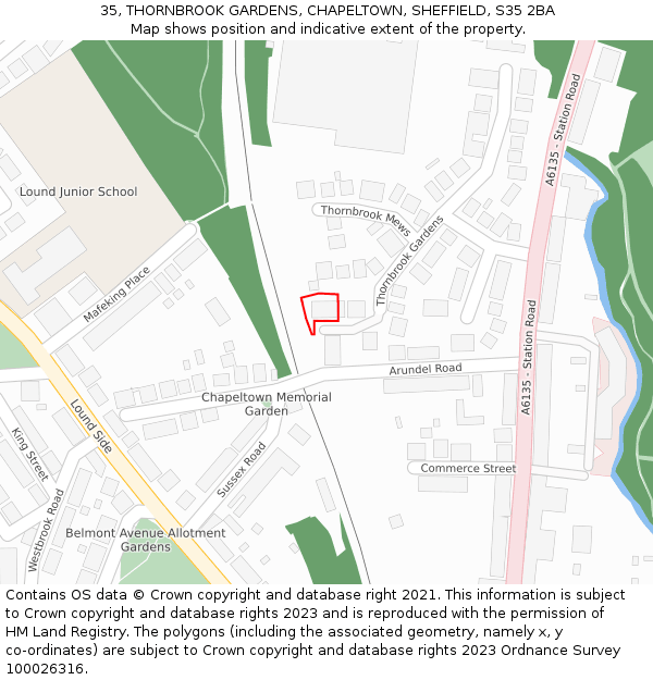 35, THORNBROOK GARDENS, CHAPELTOWN, SHEFFIELD, S35 2BA: Location map and indicative extent of plot