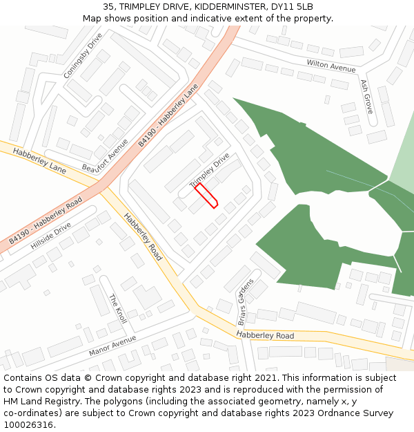 35, TRIMPLEY DRIVE, KIDDERMINSTER, DY11 5LB: Location map and indicative extent of plot